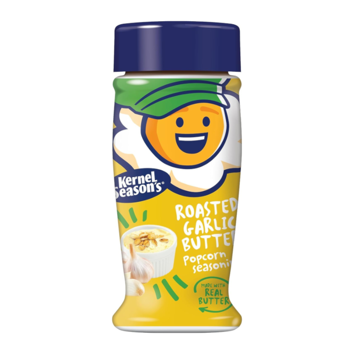 Front of Kernel Season's Roasted Garlic Butter Popcorn Seasoning shaker showing logo, roasted garlic butter label, and pack size (80g)