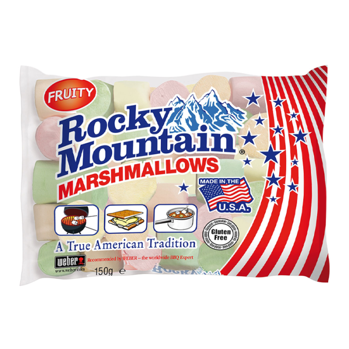 Front of Rocky Mountain Fruity Marshmallows bag showing the bright packaging with a logo, colourful marshmallows, and 150g pack size