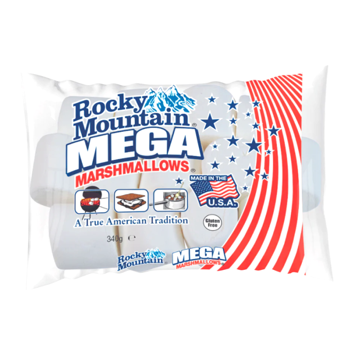 Front of Rocky Mountain MEGA Marshmallows bag featuring logo, marshmallow images, and American flag design (340g pack)