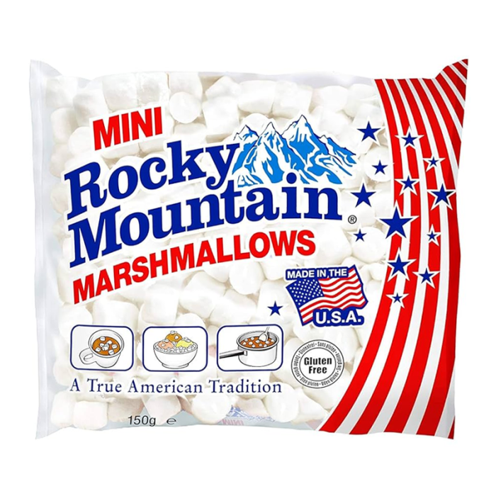 Front of Rocky Mountain Mini Marshmallows bag showing bold logo, mini marshmallows, and 150g pack size.