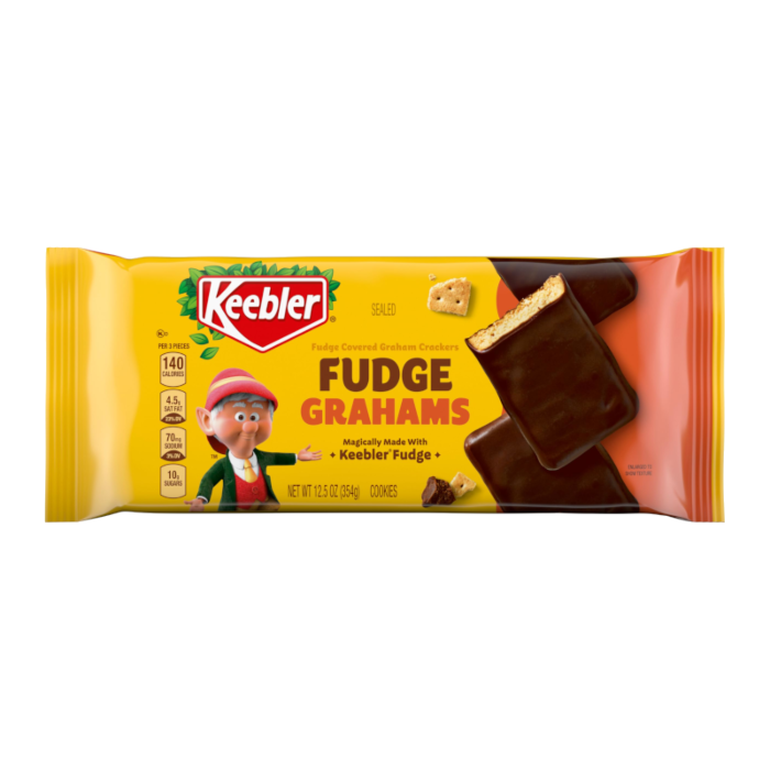 Front of a pack of Keebler Fudge Grahams showing the logo, fudge covered graham crackers, and pack size (354g)