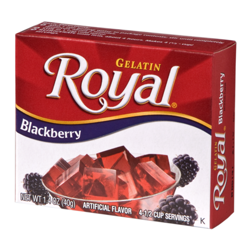 Front of Royal Gelatin Blackberry box displaying bold red logo, blackberry flavour label, and an image of gelatin cubes (40g pack)