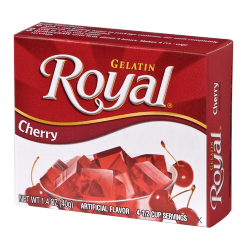 Front of Royal Gelatin Cherry box displaying the logo, cherry flavour label, and a bowl of red gelatin cubes (40g pack)