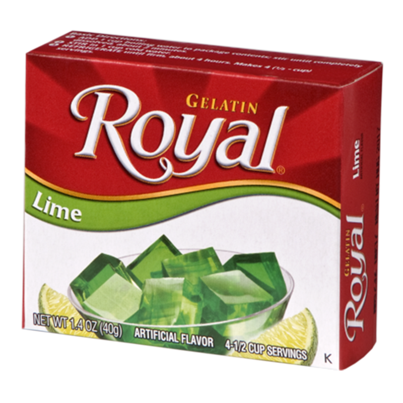 Front of Royal Gelatin Lime box showing bright red packaging, lime flavour label, and image of green gelatin cubes (40g pack)