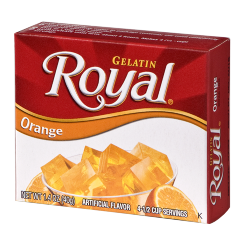 Front of Royal Gelatin Orange box displaying the logo, vibrant orange flavour label, and image of orange jelly cubes (40g pack)