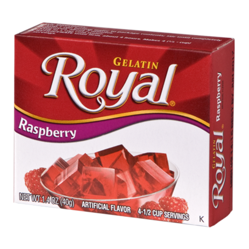 Front of Royal Gelatin Raspberry box showing logo, raspberry flavour label, and image of gelatin cubes in a bowl (40g pack)