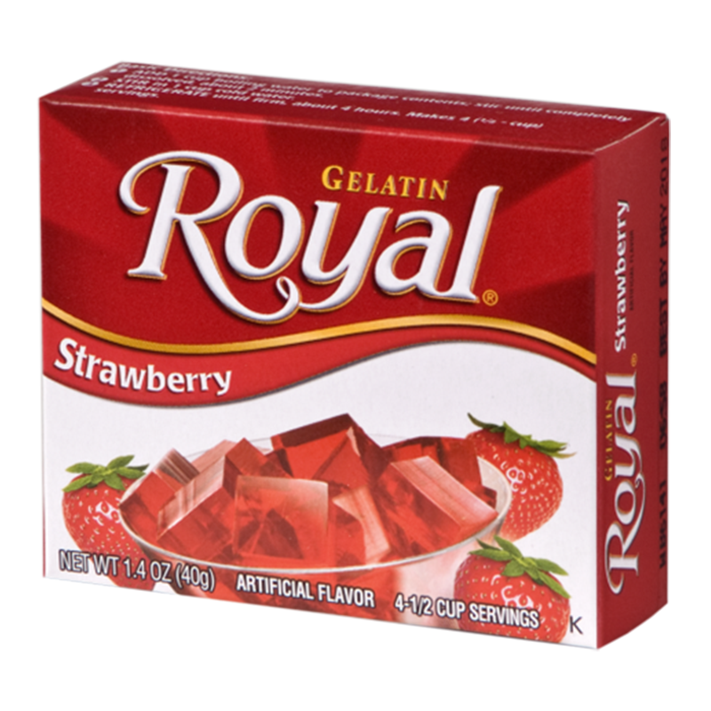 Front of Royal Gelatin Strawberry box showing red logo, strawberry flavour label, and image of jelly dessert (40g pack)