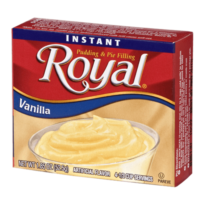 Front of Royal Vanilla Pudding & Pie Filling box showing creamy vanilla pudding in a glass bowl with red packaging and logo (52.5g pack)