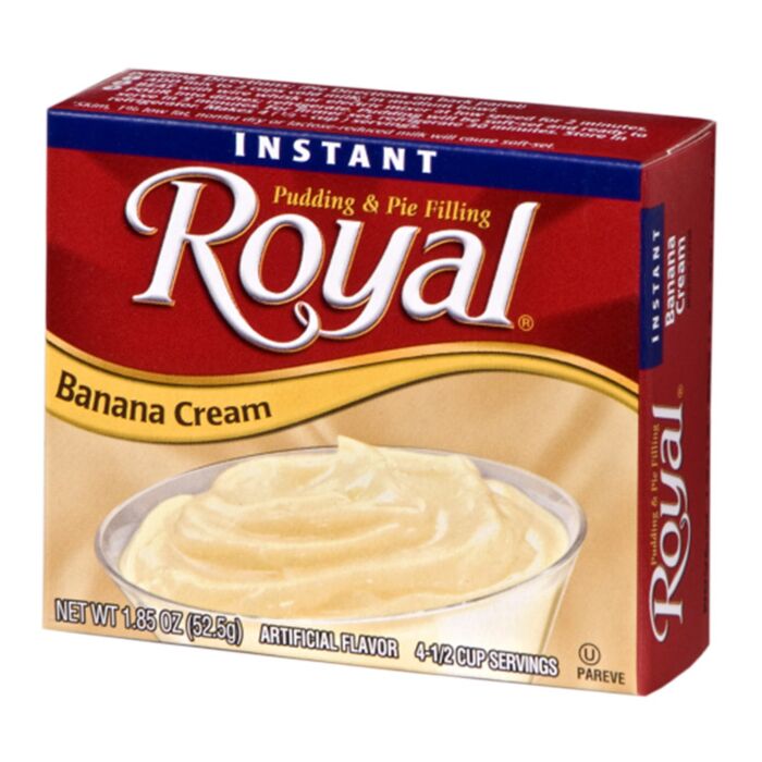 Front of Royal Banana Pudding & Pie Filling box showing bright yellow cream pudding in a glass, brand logo, and banana cream flavour label (52.5g pack)