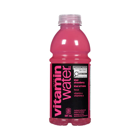 Front of Vitamin Water Kiwi Strawberry bottle displaying logo, flavour, and 591ml size.