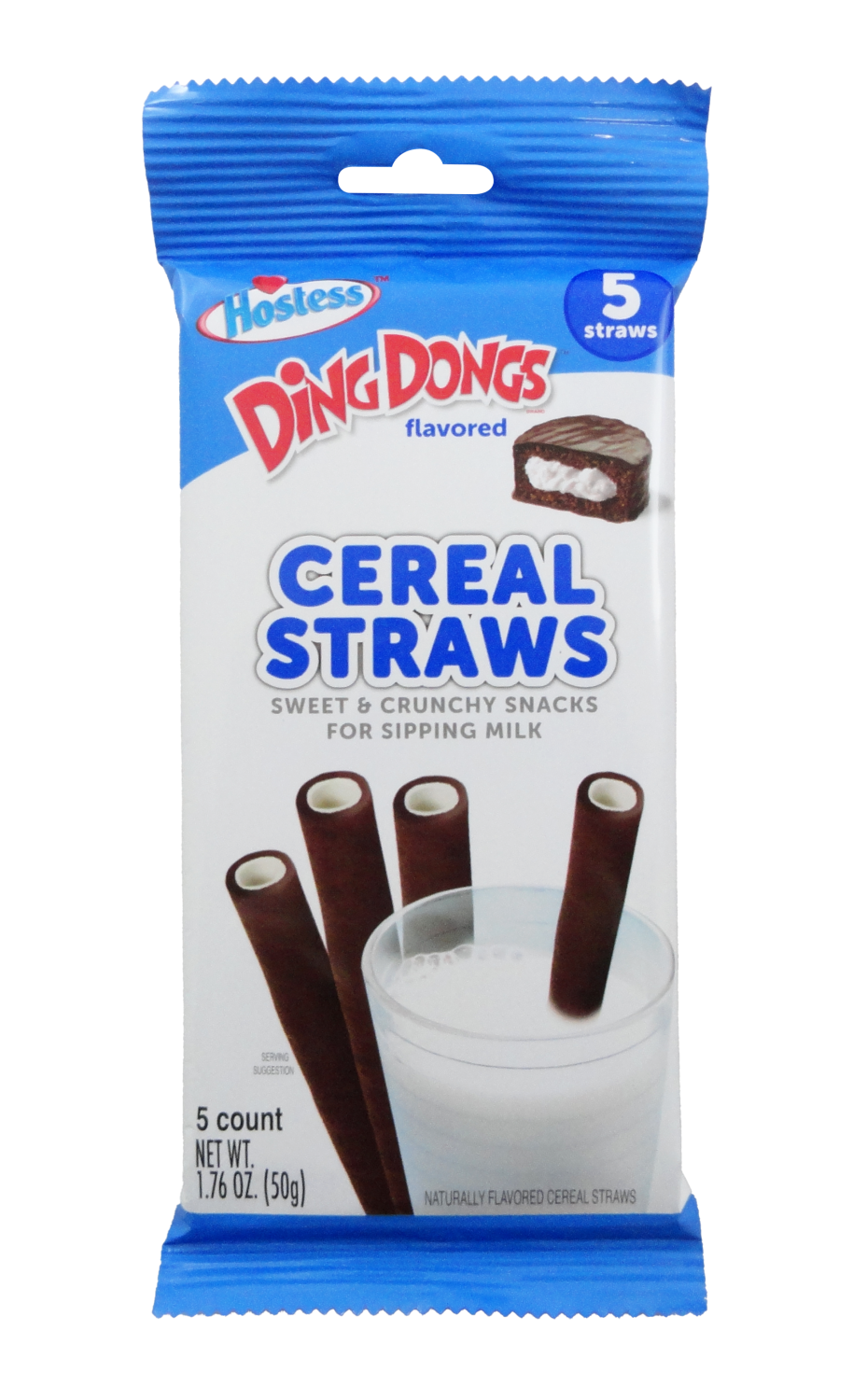 Front of Hostess Ding Dong Cereal Straws pack showing logo, image of straws, and details about being sweet, crunchy snacks for sipping milk (50g pack)