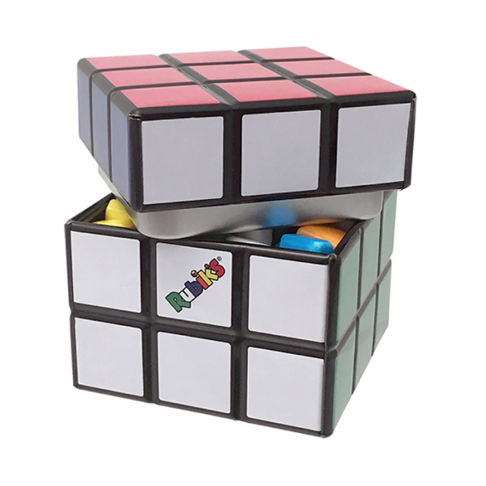 Front of Rubiks Cube Candy Tin showing colourful cube design with logo and contents visible (28g pack)