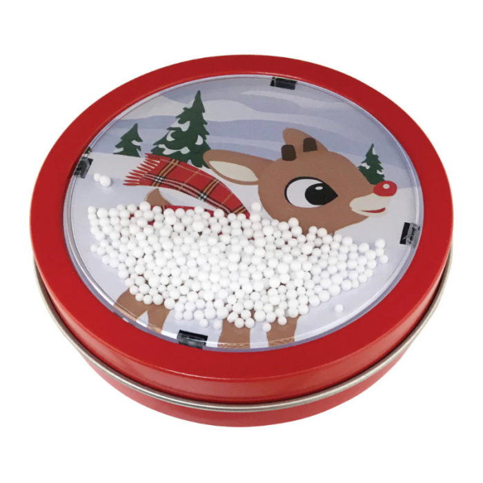 Front of Rudolph Snow Globe Candy Cane Candies Tin showing festive design with Rudolph and candy cane motifs in a decorative tin container.