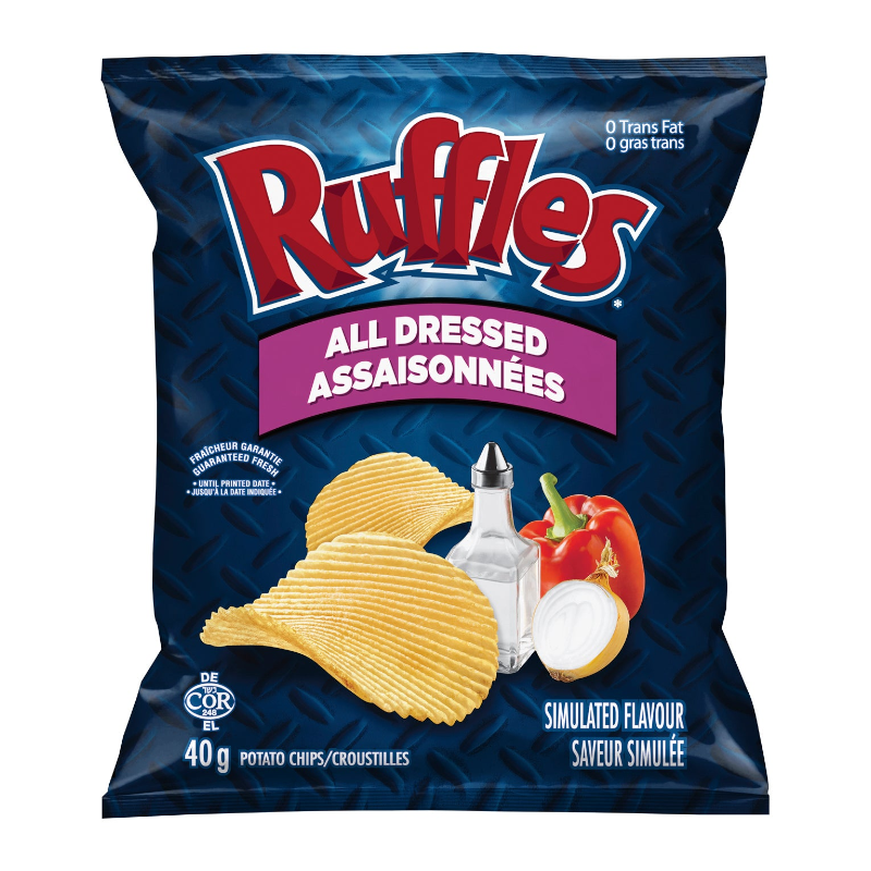 Front of Ruffles All Dressed Potato Chips bag featuring the bold logo, crunchy chips, and 40g pack size.