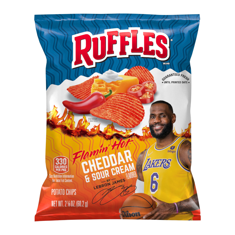 Front of Ruffles Lebron James Flamin' Hot Cheddar & Sour Cream bag showing logo, vibrant flavours, and pack size (60.2g)