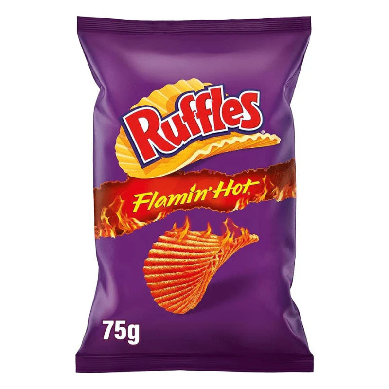 Front of Ruffles Flaming Hot bag showing the bold logo, vibrant red and purple design, and crunchy chip imagery (75g pack)