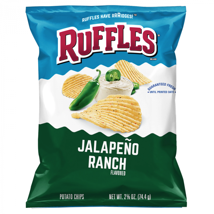 Front of Ruffles Jalapeno Ranch Potato Chips bag featuring the brand logo, jalapeno and ranch flavour illustration, and pack size of 184.2g.