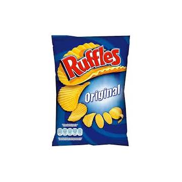 Front of Ruffles Original 160g bag displaying the blue logo, ridged potato crisps, and vibrant packaging design.