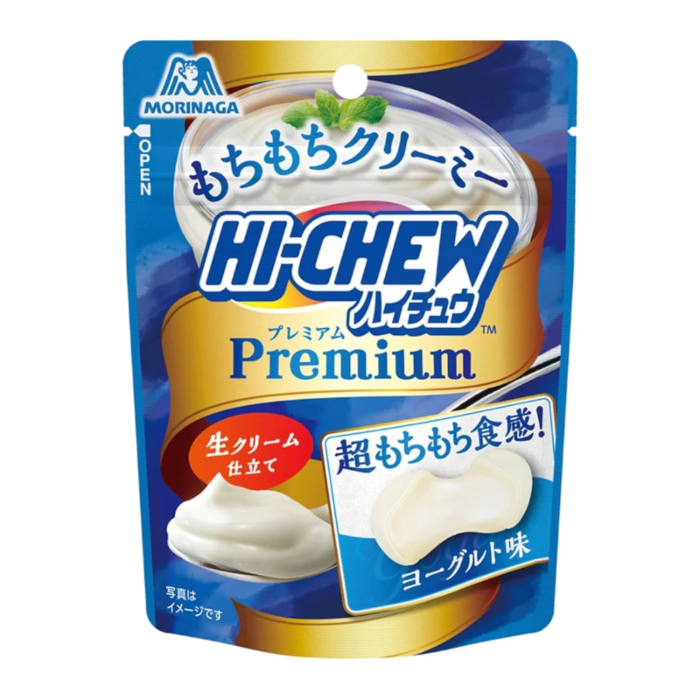 Front of Hi-Chew Premium Gummy Yogurt package displaying the logo, creamy gummy texture, and 32g pack size.