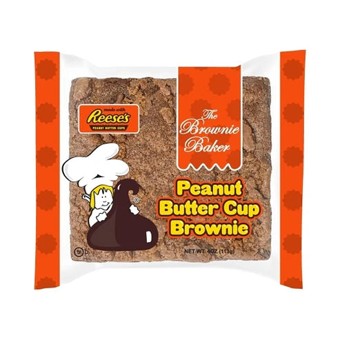 Front of The Brownie Baker Reese's Peanut Butter Cup Brownie package showing logo, image of the brownie, and 113g weight.