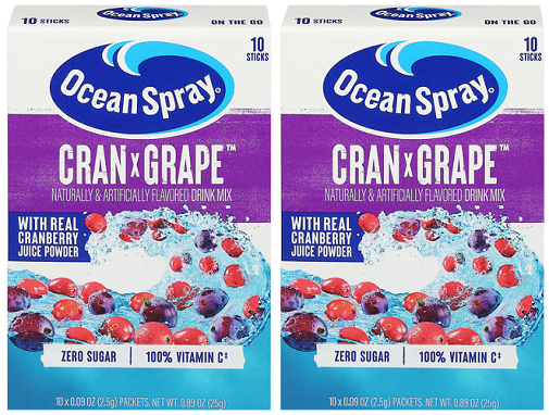 Front of Ocean Spray Cran x Grape Singles to Go package displaying logo, drink mix name, and cranberry and grape imagery (300g pack)