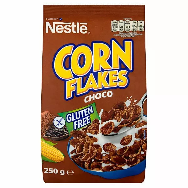 Front of Nestlé Choco Corn Flakes pack showing bold logo, chocolate-flavoured corn flakes, and a 250g size indication.