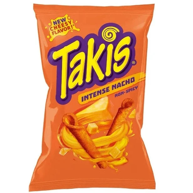 Front of Takis Intense Nacho Non-Spicy Rolled Tortilla Corn Chips bag showing the logo, intense nacho flavour label, and vibrant packaging (80g pack)