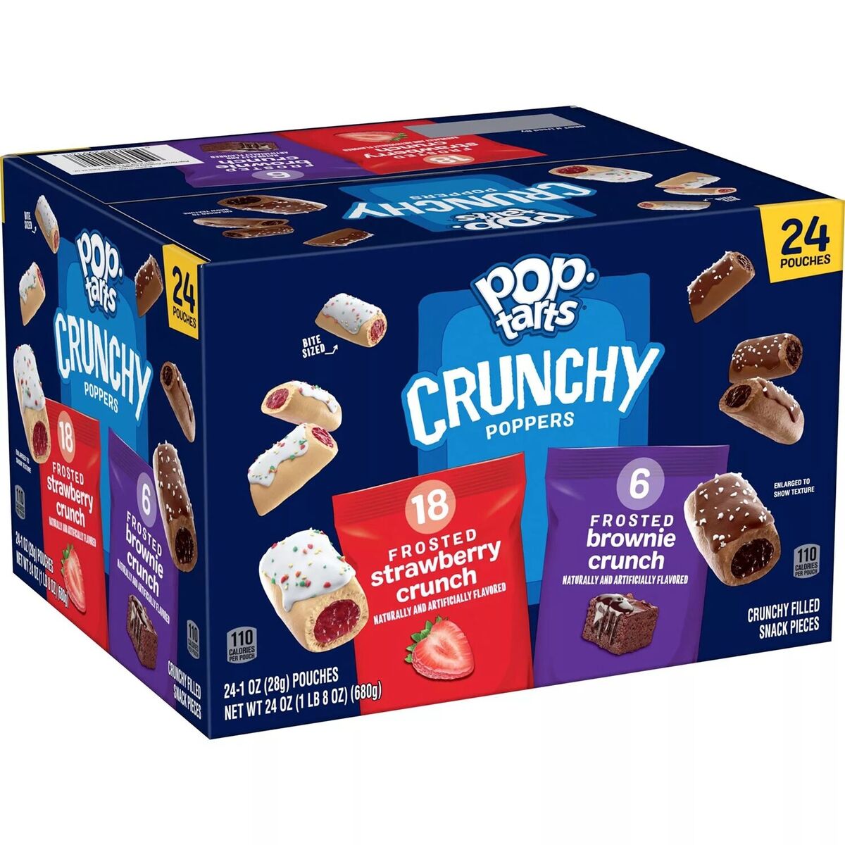 Front of Pop-Tarts Crunchy Poppers box showing logo, strawberry and brownie crunch flavours, and variety 24 pack size (680g)