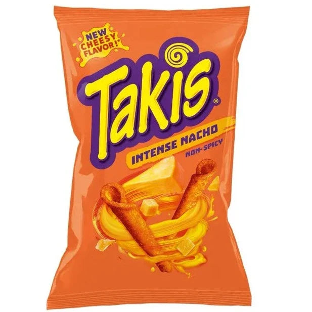 Front of Takis Intense Nacho Non-Spicy Rolled Tortilla Corn Chips bag showing bold yellow logo, intense nacho flavour label, and image of rolled tortilla chips (92.3g pack)