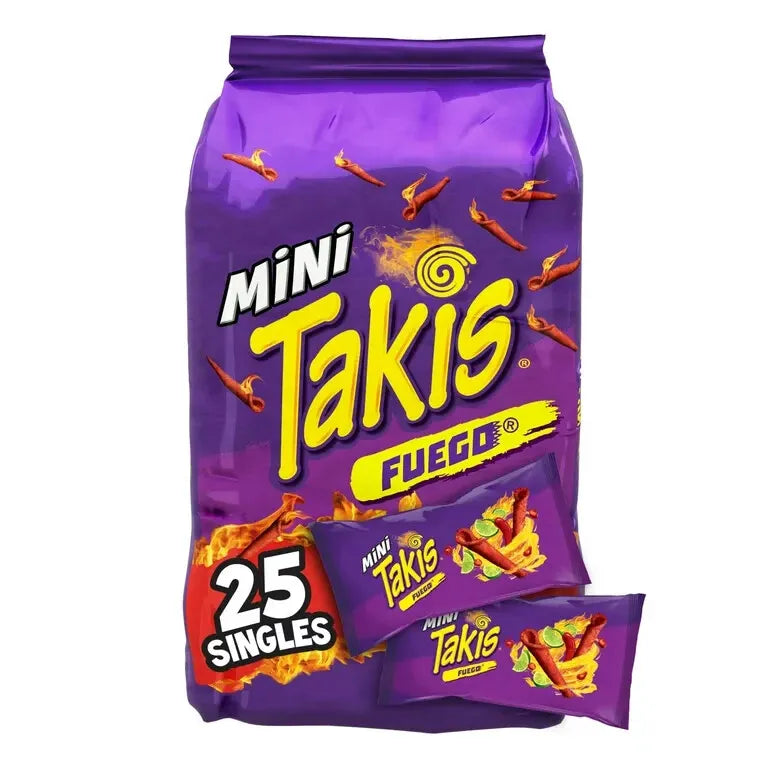 Front of Takis Fuego Rolled Tortilla Corn Chips Minis bag showing bold logo, fiery red and purple design, and pack size of 35g x20 (700g)