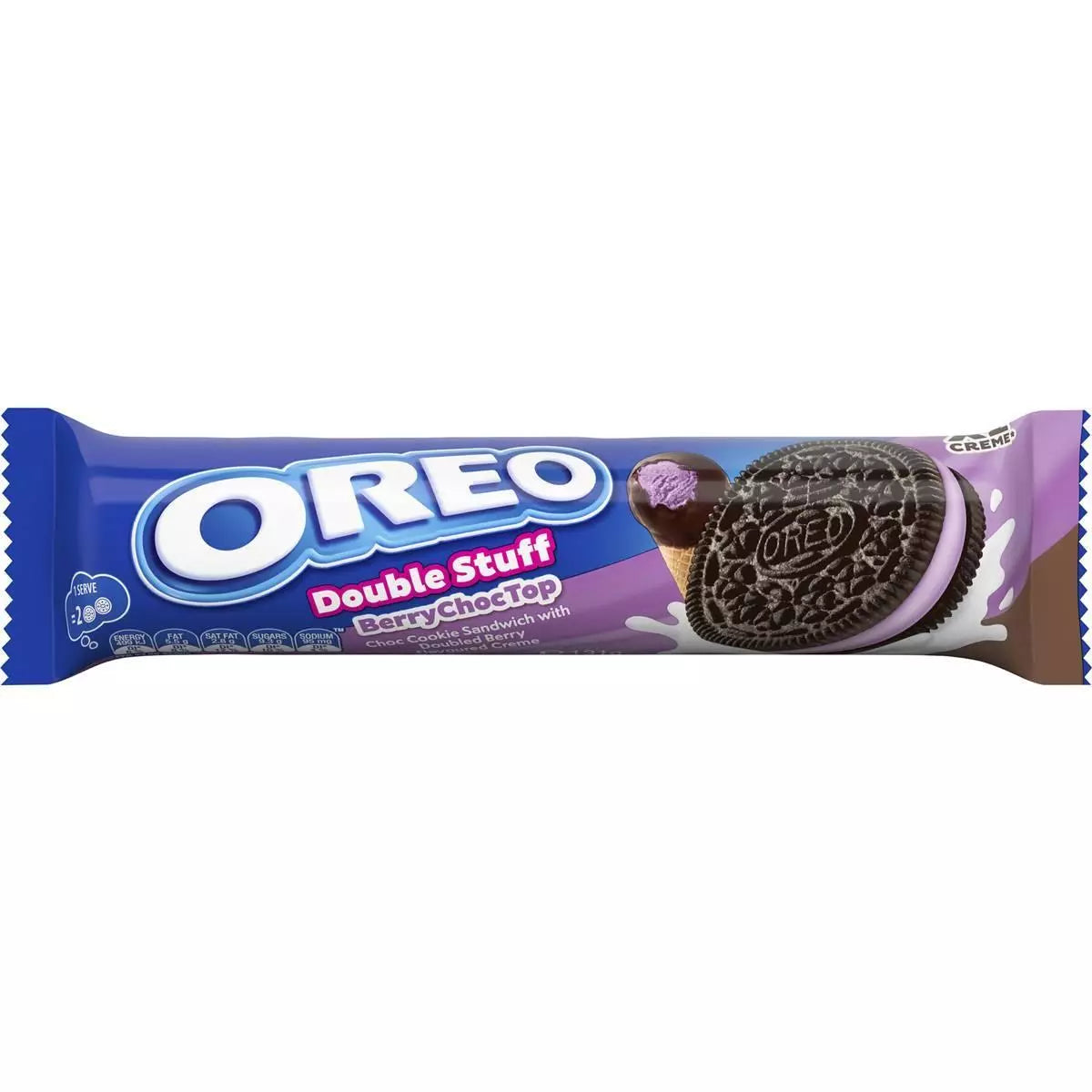 Front of Oreo Double Stuff Berry Choc Top Biscuits pack showcasing blue logo, berry choc top label, and image of biscuit sandwich (131g)