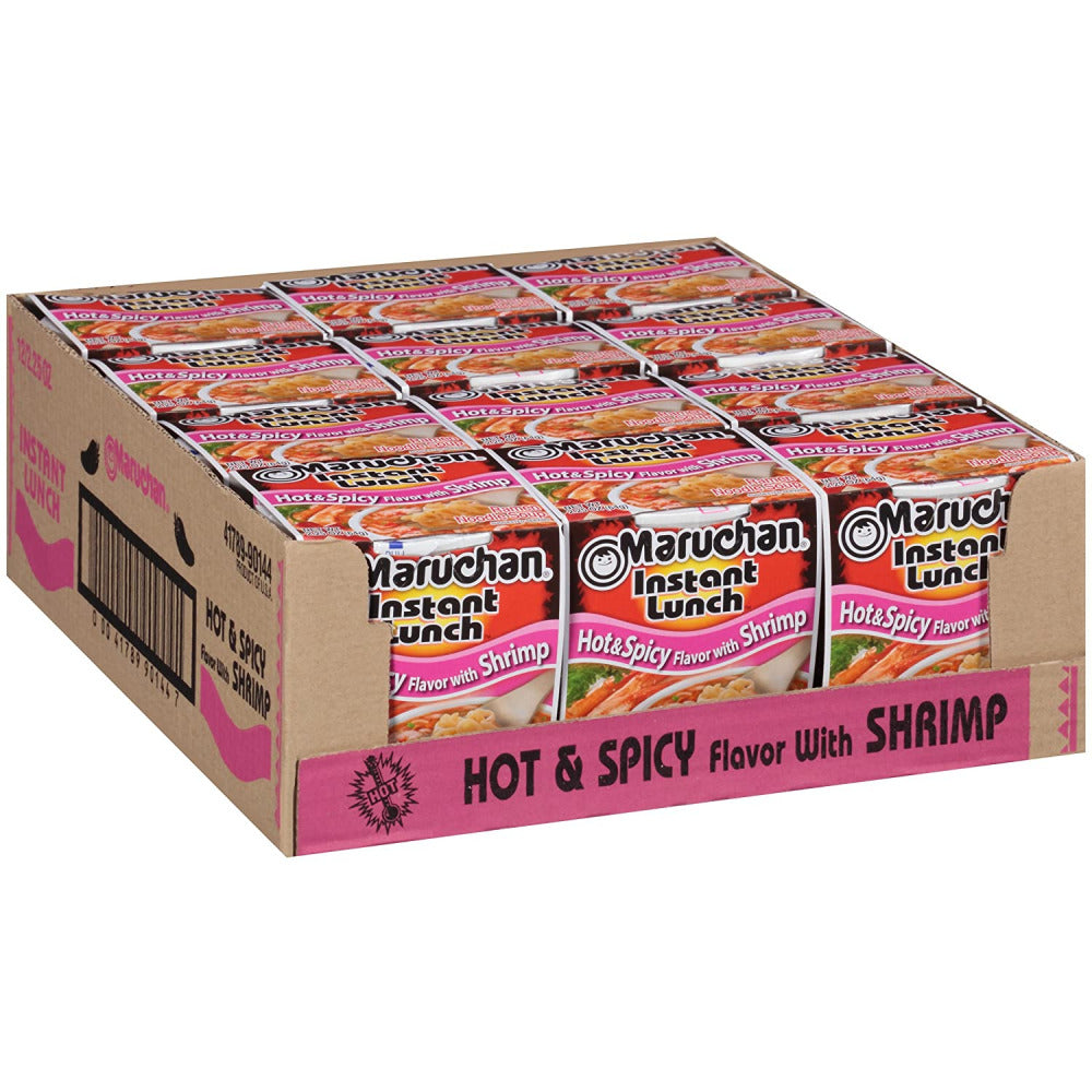 Front of Maruchan Hot & Spicy Shrimp Flavour Instant Lunch packaging showing brand logo, shrimp flavour detail, and 12 pack (12 x 64g)