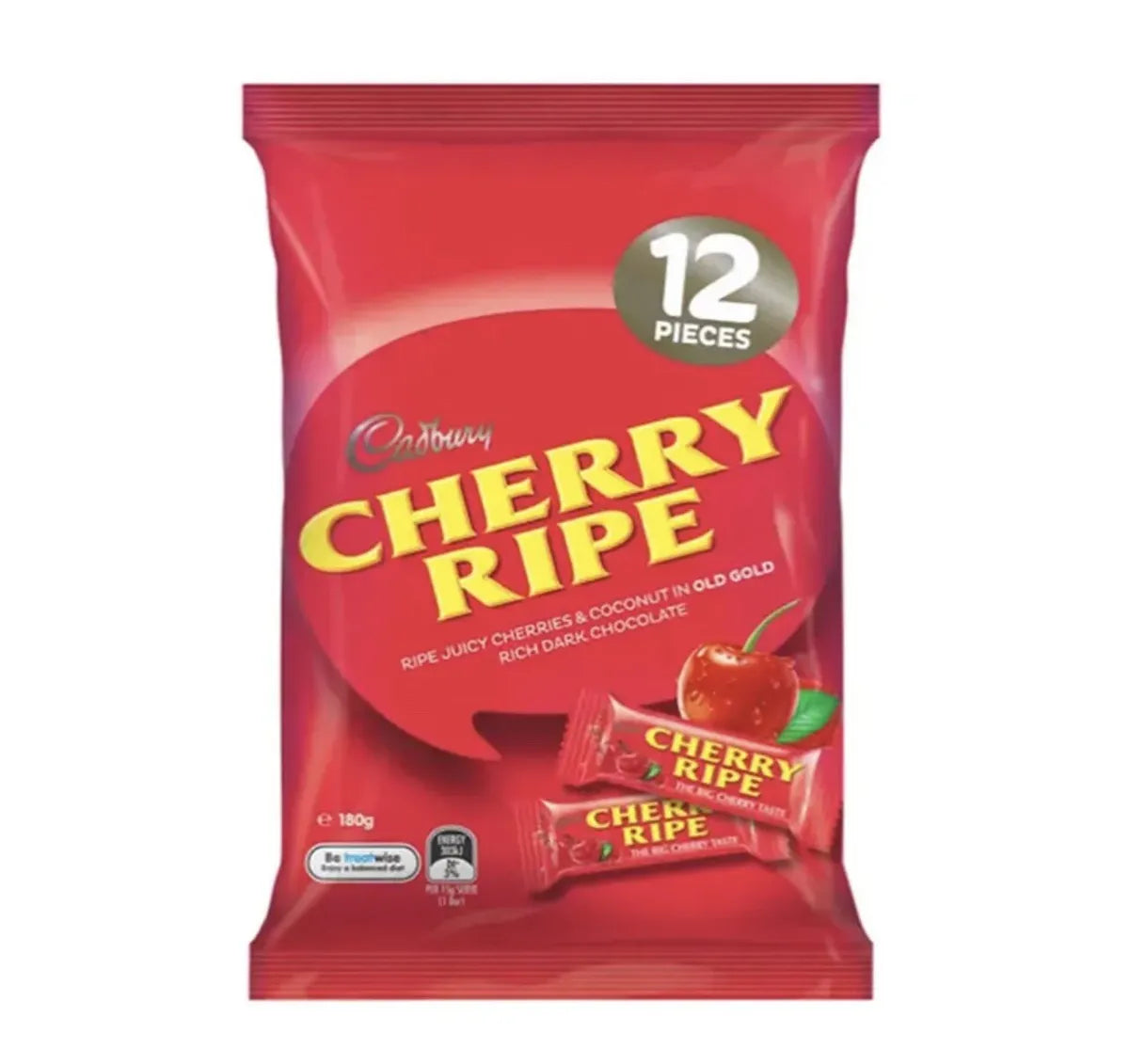 Front of Cadbury's Cherry Ripe 12 Pack showing logo, rich dark chocolate, juicy cherries and coconut image, and 180g pack size
