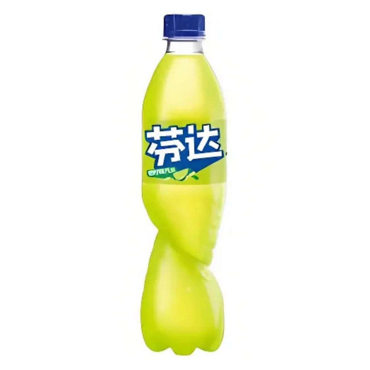 Front of Fanta Lime (China) bottle showing bright green label with logo and lime graphics, 500ml pack size