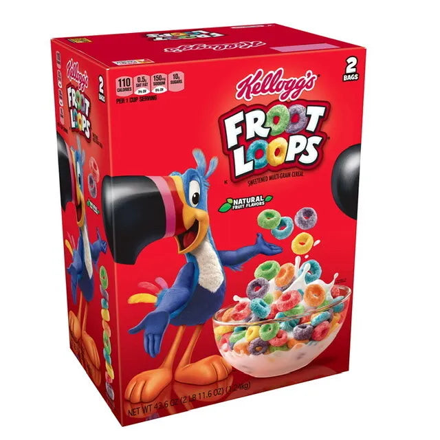 Front of Kellogg's Froot Loops Giant Box showing colourful loops, a vibrant cereal mascot, and the 1.24kg packaging size.