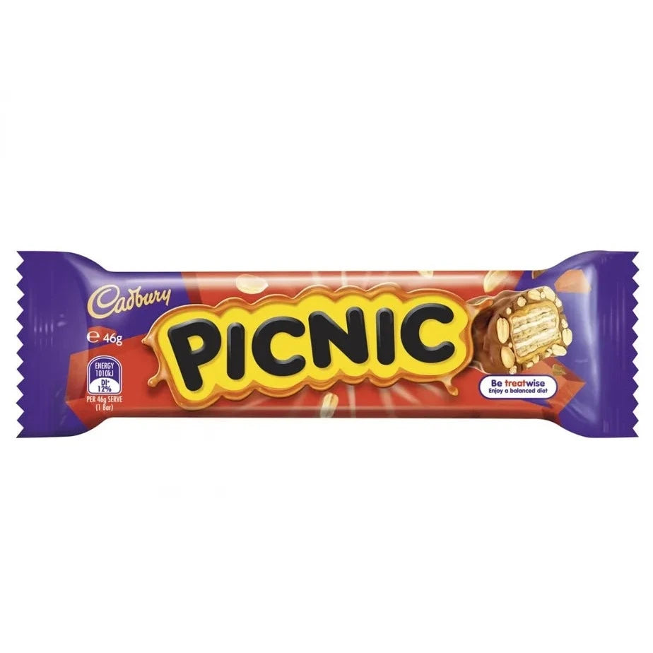 Front of Cadbury Picnic bar showing yellow logo, chocolate, caramel, and peanuts design, and 46g pack size.