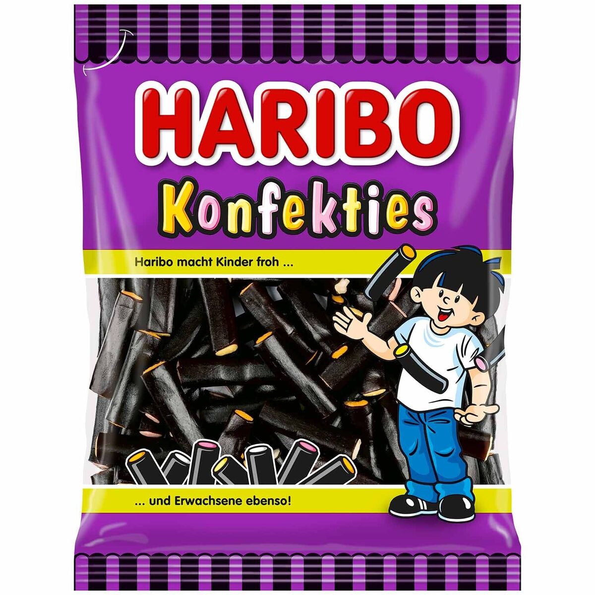 Front of Haribo Konfekties (Liquorice) pack showing the vibrant logo, playful character, and delicious licorice pieces in a 160g bag.