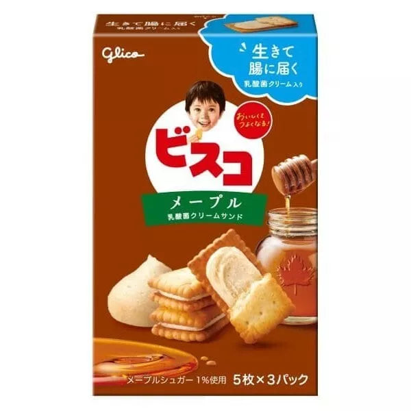 Front of Glico Maple Cream Biscuits box showing logo, maple cream flavour, and image of the biscuits (81g pack)