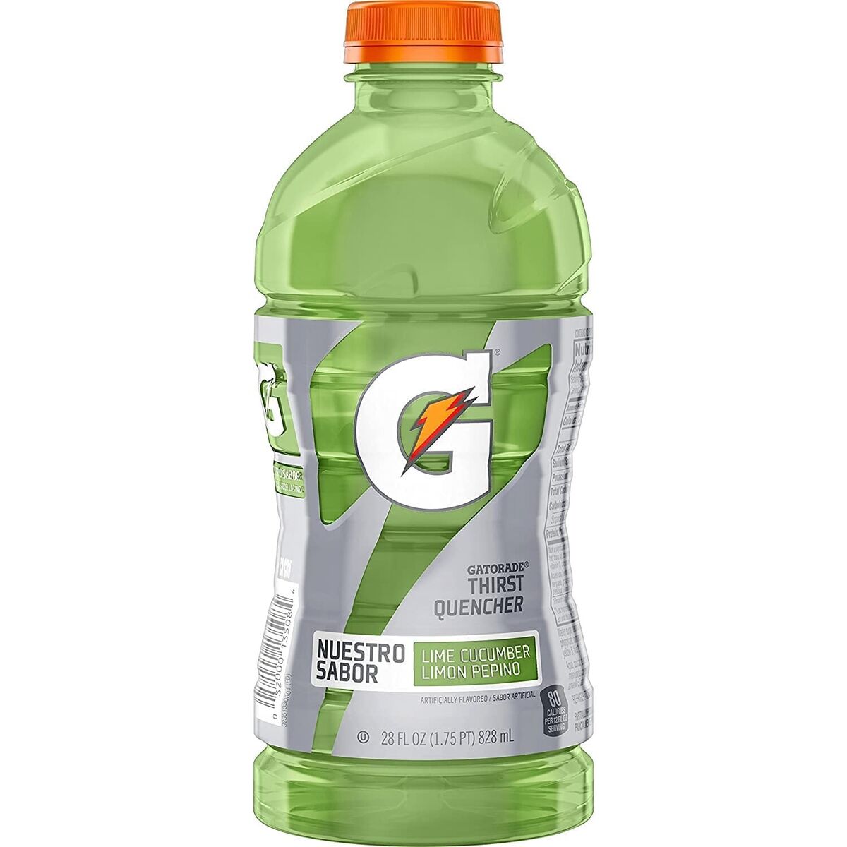 Front of Gatorade Lime Cucumber bottle featuring vibrant green colour, Gatorade logo, and flavour label (828ml)