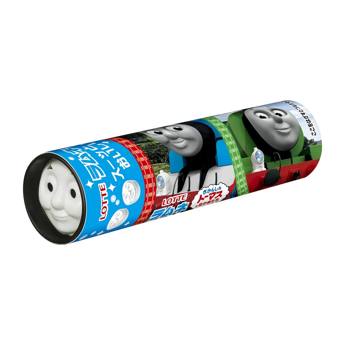 Front of Lotte Thomas & Friends Ramune Candy tube showing colourful design featuring characters, logo, and a 23g label
