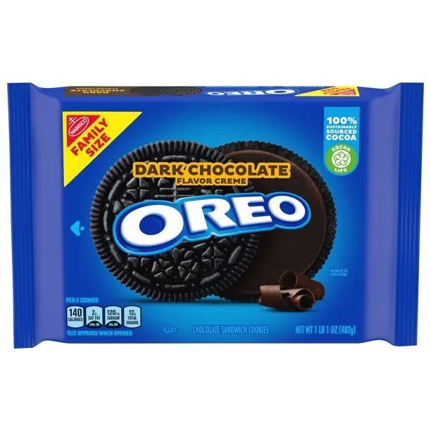 Front of Oreo Dark Chocolate cookie pack showing dark chocolate flavour, Oreo logo, and family size label (482g pack)