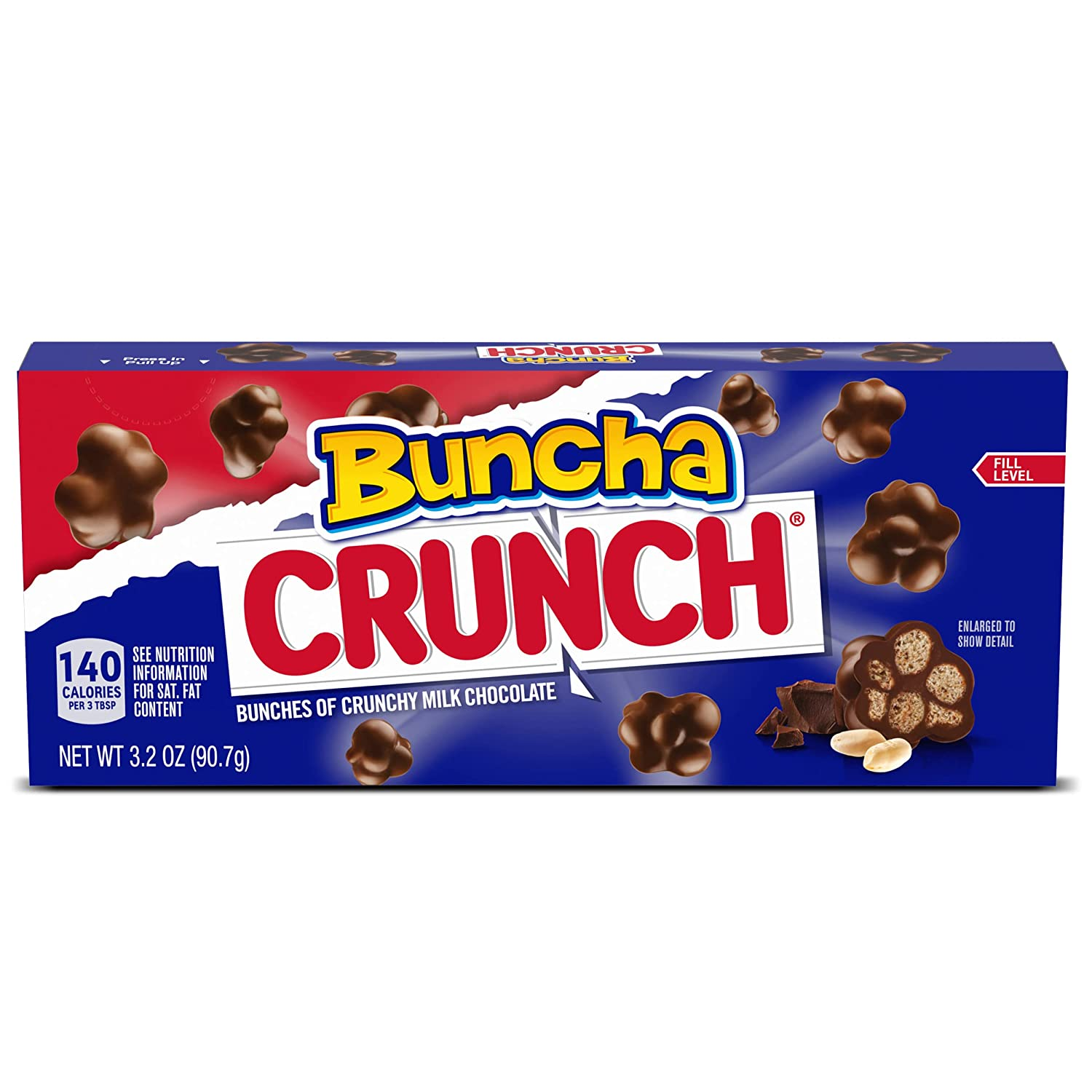 Front of Buncha Crunch Theatre Box showing fluffy chocolate clusters, bold logo, and pack size (90.7g)