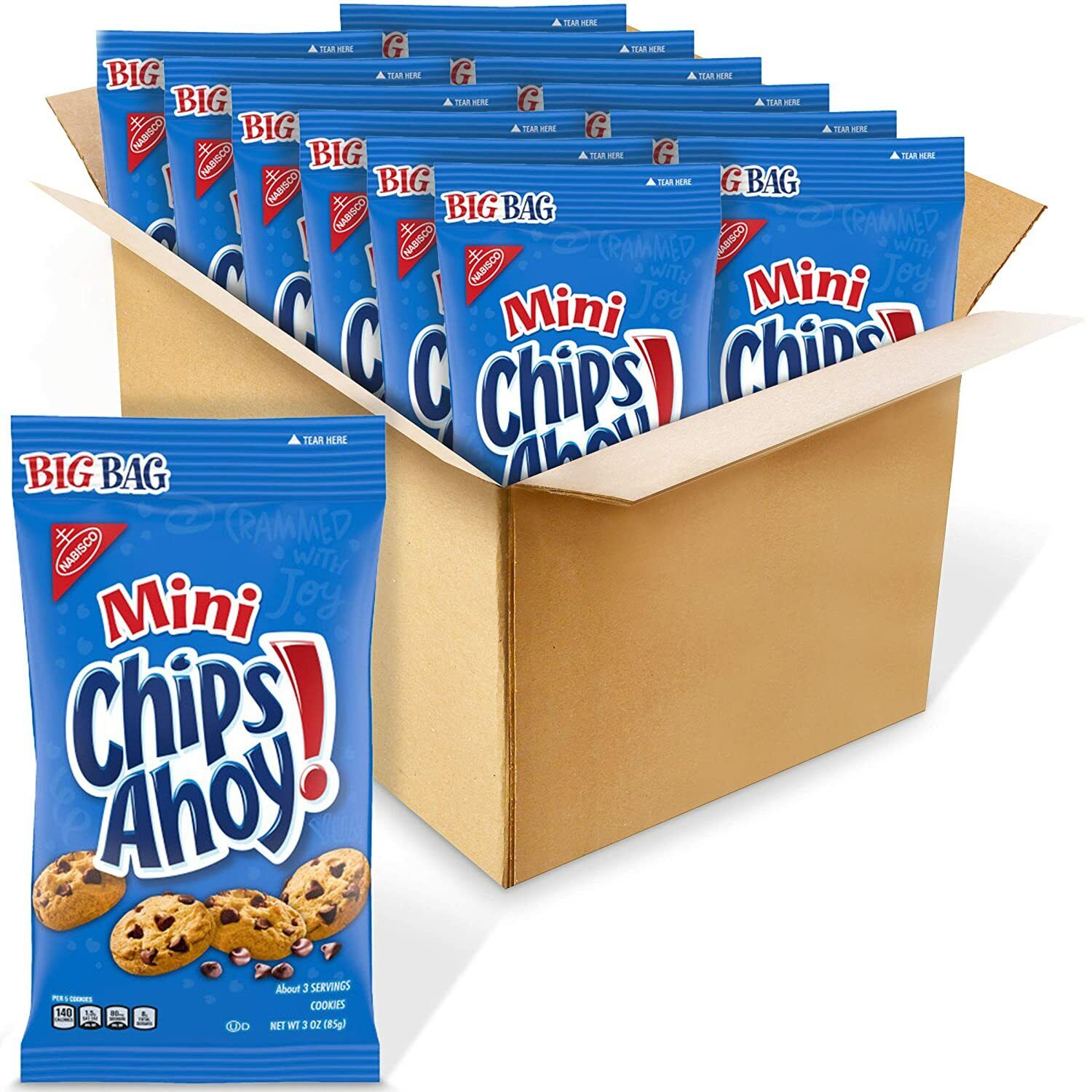 Front of Chips Ahoy Mini Cookies pack showing the blue logo, chocolate chip cookie image, and 85g size details (12 pack)