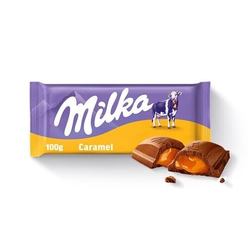 Front of Milka Caramel chocolate bar featuring the Milka logo, caramel flavour label, and an image of the chocolate (100g pack)