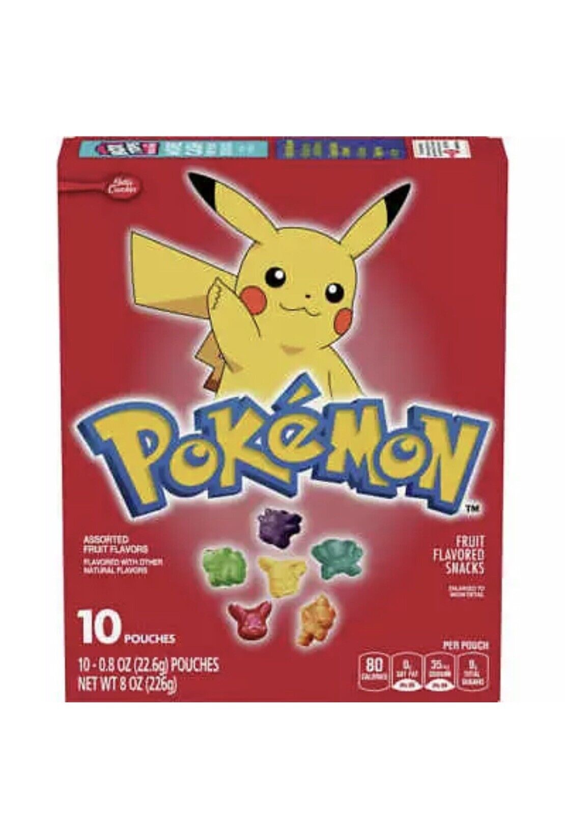 Front of Betty Crocker Pokemon Fruit Snacks box featuring bright red packaging with Pikachu, assorted fruit shapes, and 226g pack size.