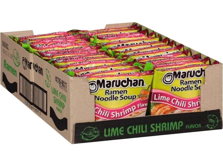 Front of Maruchan Lime Chili Shrimp Flavour Ramen Noodles packaging showing logo and colourful shrimp flavour details (85g pack, 24-pack shown)