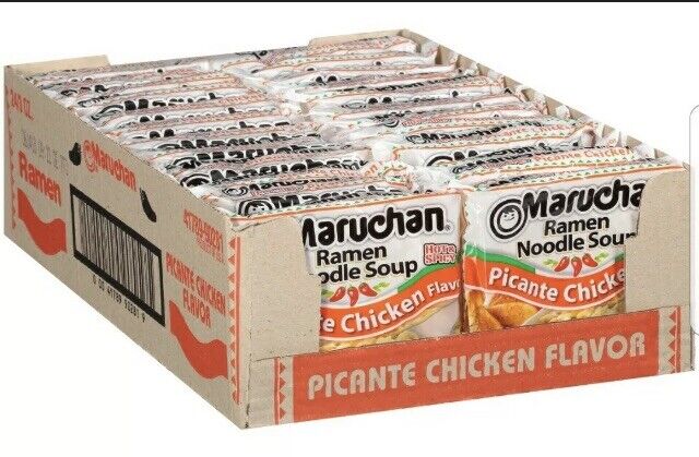Front of Maruchan Picante Chicken Flavour Ramen Noodles packaging showing logo, flavour details, and a 24 pack layout (85g each)