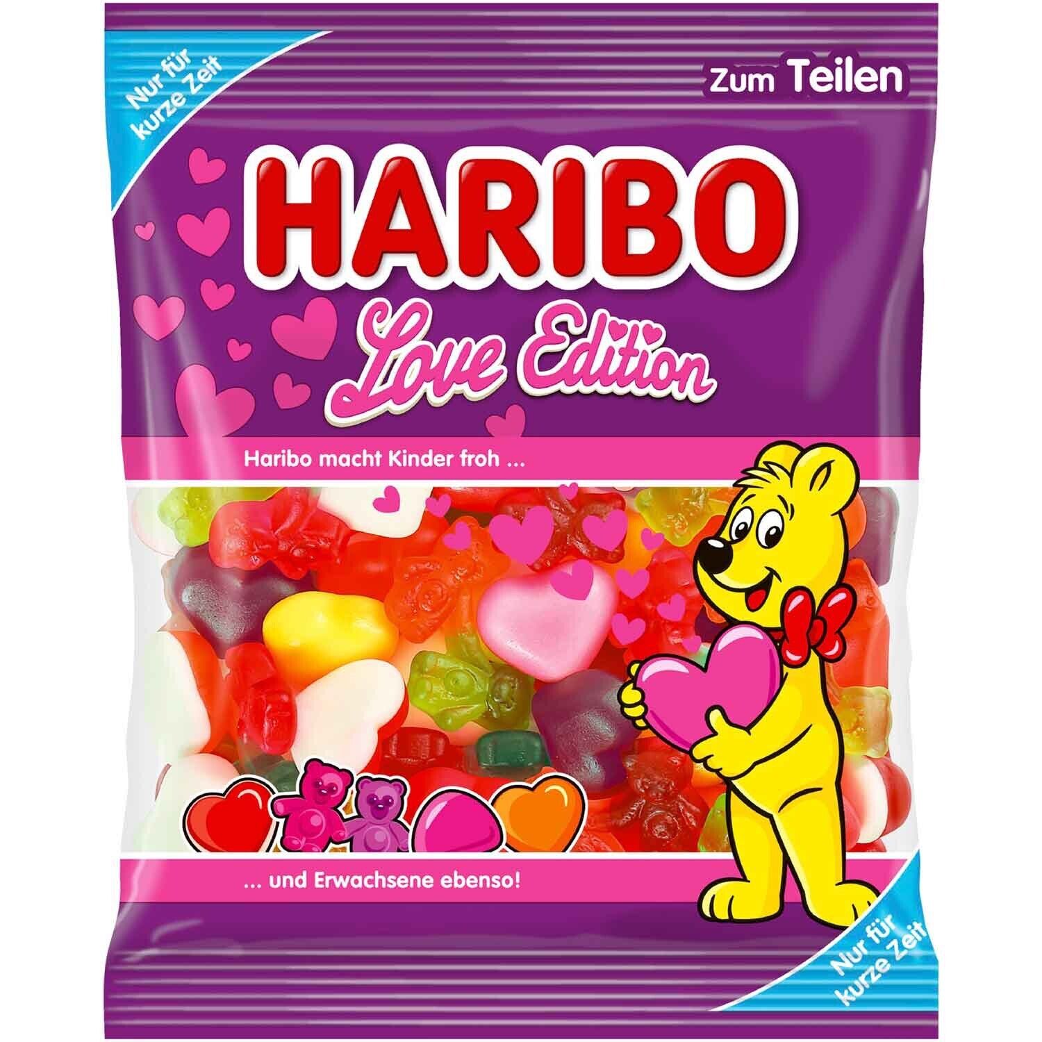 Front of Haribo Love Edition bag showing bright purple packaging, heart and bear-shaped gummy sweets, and a playful logo (160g pack)