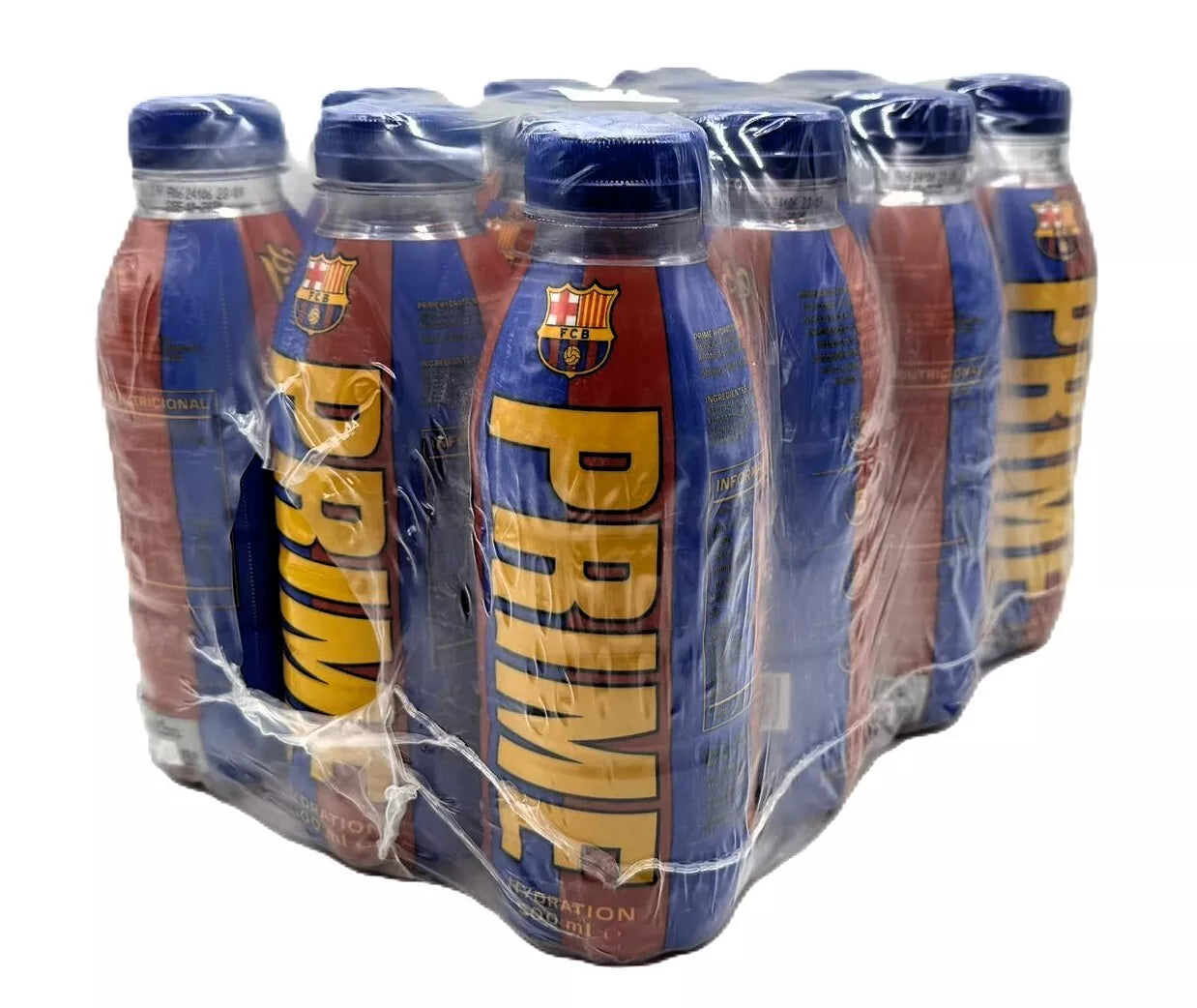 Front of Prime Hydration Barcelona Limited Edition 500ml bottles in a 12 pack with vibrant blue and red label and logo
