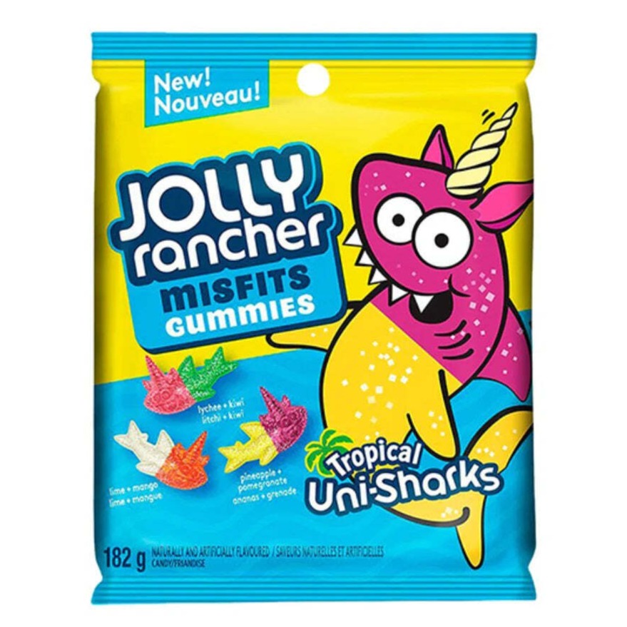 Front of Jolly Rancher Misfits Gummies Tropical Uni-Sharks pack showing colourful shark-shaped gummies, playful character, and 182g size.